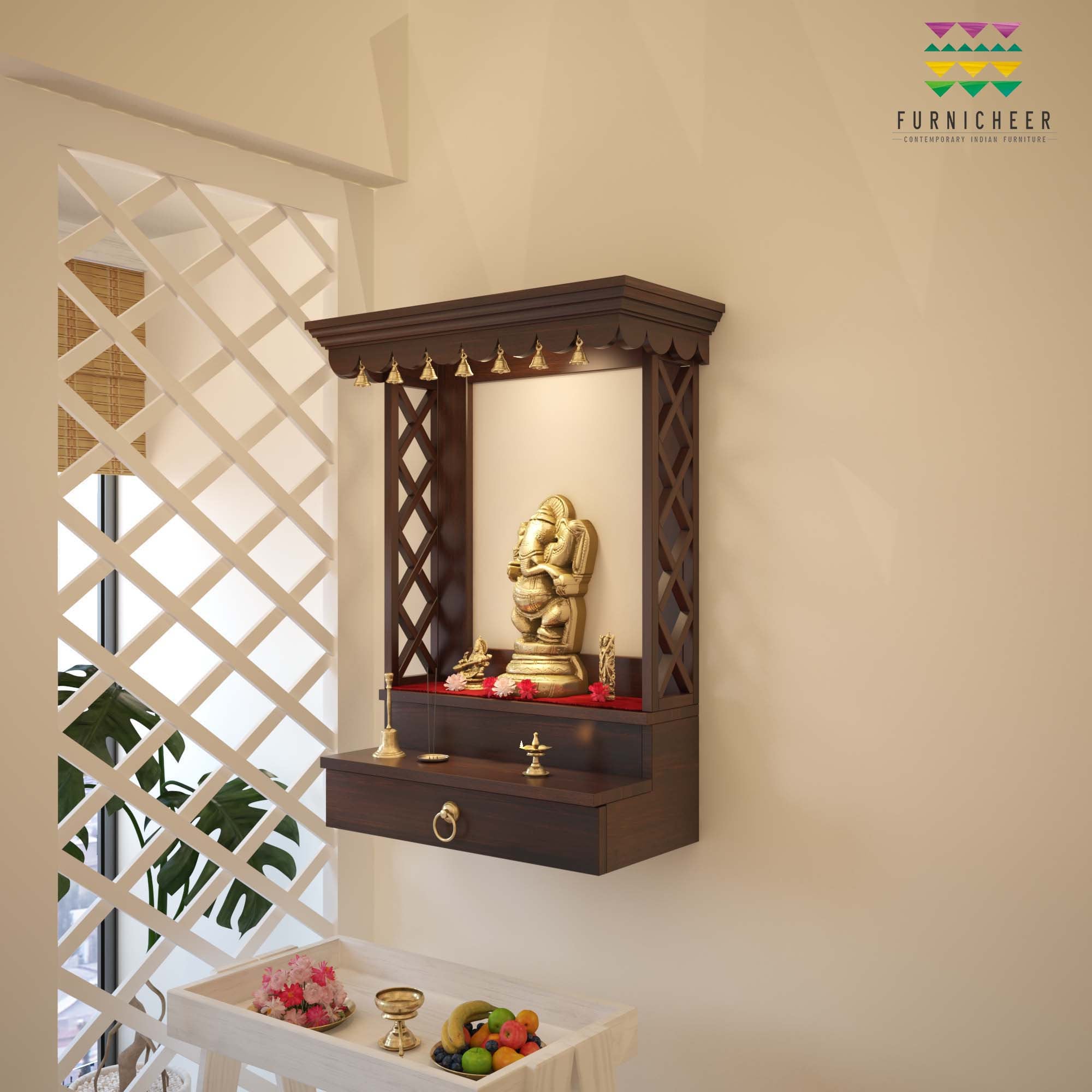 Buy TARUN Two Stepped Wall Mount Pooja Unit With Drawer and Brass