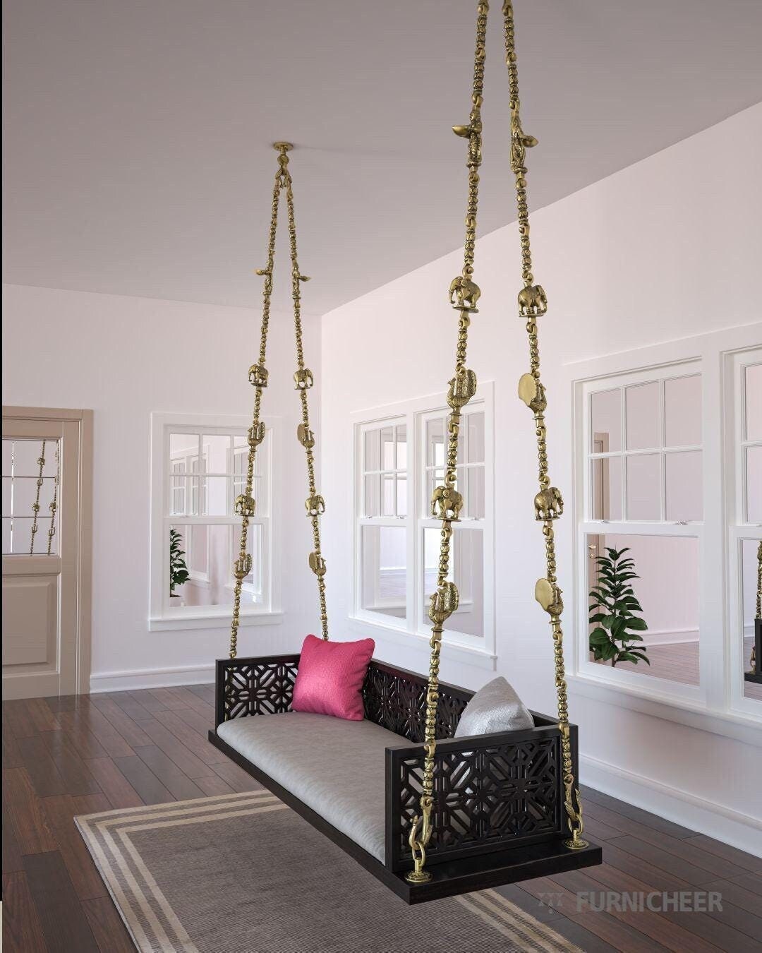 ANANTA Indian Jhoola Swing in Solid Wood With Carved Back and Armrest, Finished in Black PU and Pure Brass Animal Motif Chain Links - Etsy ANANTA Indian Jhoola Swing in Solid Wood With Carved Back and Armrest, Finished in Black PU and Pure Brass Animal Motif Chain Links - Etsy