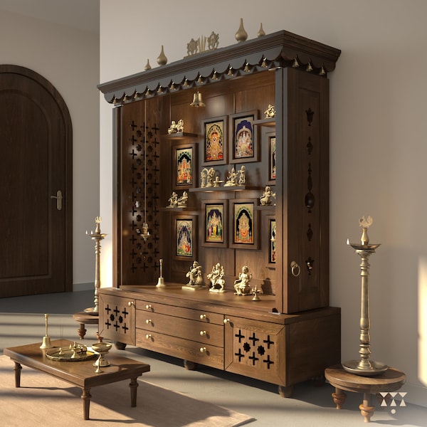 Bheema - tradycyjna indyjska drewniana świątynia hinduistyczna do domu | Duży, ręcznie wykonany mandir do pudży ze złotymi akcentami, idealny do rytuałów.