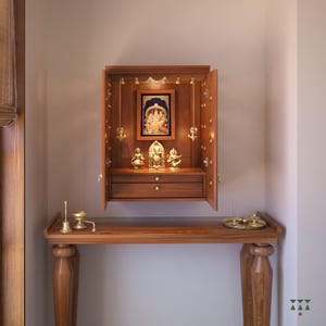 Avaneesh - Traditionelle Pooja Mandir für Zuhause mit Türen, Messingglocken & Lampen | Handgefertigter, aus Holz gefertigter Hindu Tempel Altar für das Gebet