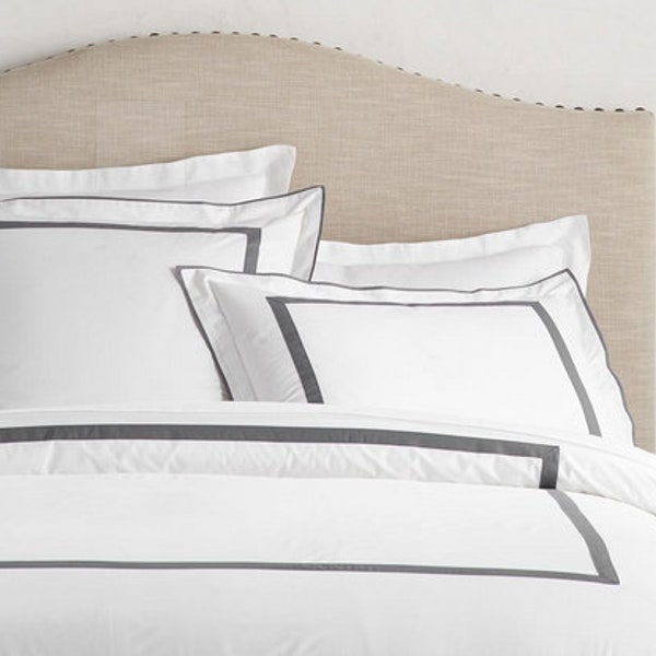 Border Frame Duvet Covet and Pillow Shams 400 Thread Count Cotton Sateen Hotel Stitch Duvet Cover Set