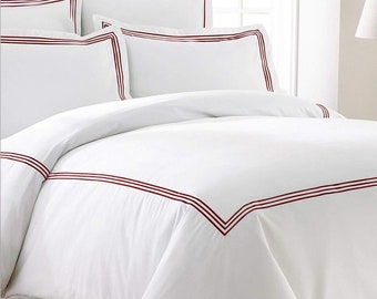 Duvet Cover Set 400 Thread Count Cotton Sateen Hotel Stitch in Triple Embroidery Border