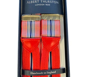 Albert Thurston Exclusive to Taggs Barathea Braces  Navy/White/Red Stripe Red leather Ends