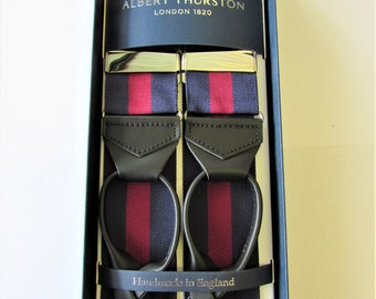 Albert Thurston Luxury Navy/Burgundy Stripe Braces with Black Leather ends and Silver fittings (multifit)