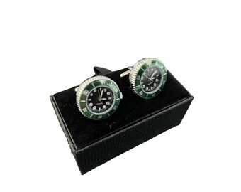 New for 2023  Working watch cufflinks ( Japanese Quartz movement) Black Face with Green Bezel