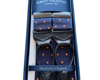 Albert Thurston Navy/Orangespot braces with Black Goat print leather ends