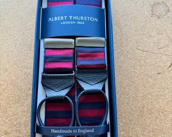 Albert Thurston Tirantes de cuero con rayas rojas y azules medianoche