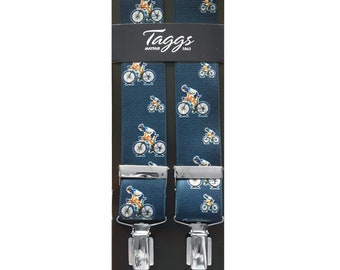 Taggs Exclusive Navy Cyclist 35mm Digital Print Elasticated Mens Braces  (Made In England)