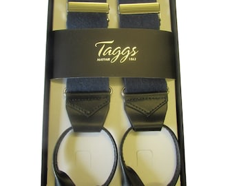 Taggs Bretelles de luxe pour hommes en feutre de laine bleu marine 38 mm Extrémités en cuir noires Finitions argentées Multifit.