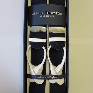 Albert Thurston Navy Boxcloth Braces with White Leather Ends