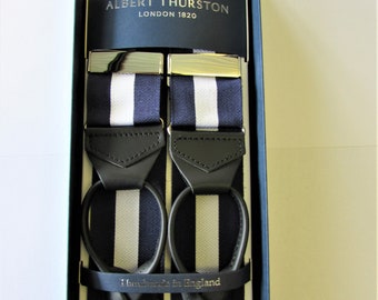 Bretelles de luxe à rayures bleu marine/blanc Albert Thurston avec extrémités en cuir noir et garnitures argentées (coupe multiple)