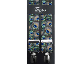 Taggs Peacock Eye 35mm Digital Print Elasticated Mens Braces with 4 x rhodium plated clips and "X" back fitting (Made In England)
