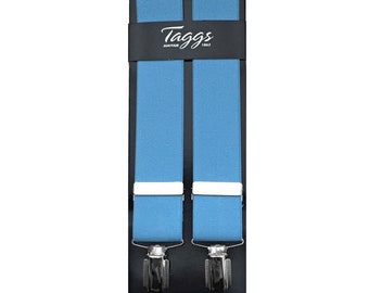 Taggs 35mm Sky Blue Elasticated Braces X back with 4 clips Multifit (42-44")  Made In England