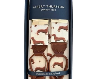 Albert Thurston overhemdstof (linnen) bretels met teckelmotief, beperkte oplage met leren uiteinden in bruine kleur.