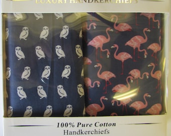 Owls & Flamingos Luxury Cotton Handkerchiefs