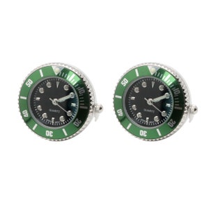 New for 2023    Working watch cufflinks ( Japanese Quartz movement) Black Face with Green Bezel,