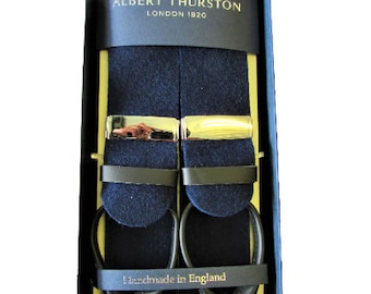 Albert Thurston Navy Blue Boxcloth Braces Black Leather ends and Silver fittings (multifit)