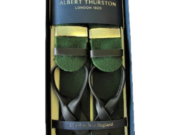 Albert Thurston Luxury Green Boxcloth Braces with Black Leather ends and Silver fittings (multifit)