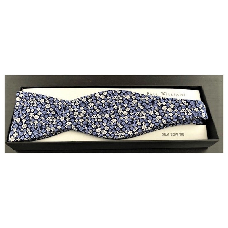 Self Tied Silk Bow Tie Liberty Style floral Woven Print Navy BlueLilac with Hook /& Clasp fitting
