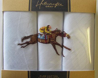 Horseracing Luxury Cotton White Embroidered Handkerchiefs