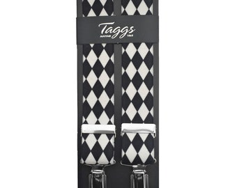 Taggs Exclusive Black/White Harlequin  35mm Digital Print Elasticated Mens Braces  (Made In England)