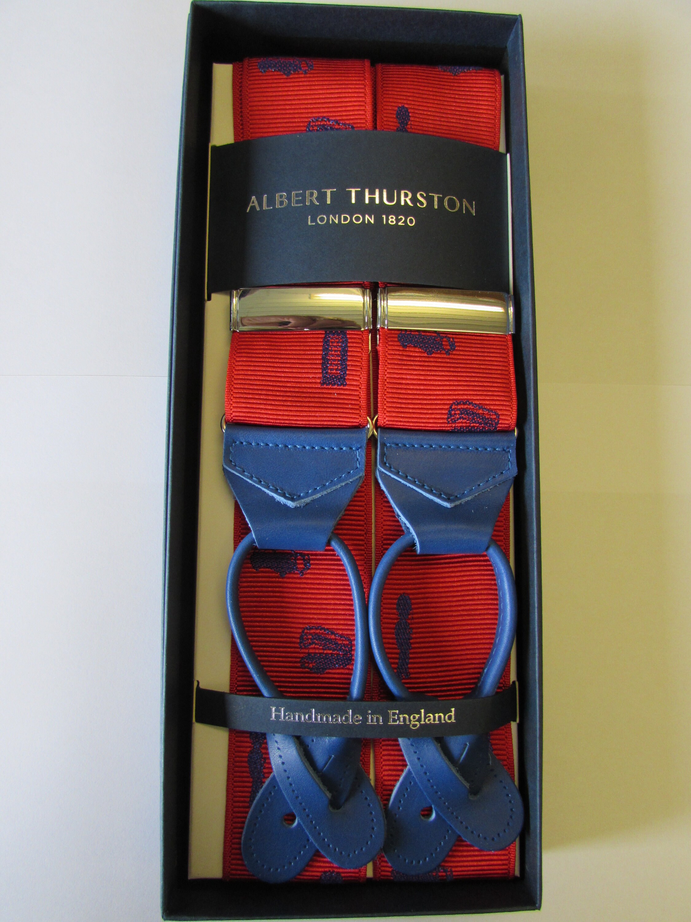 Bretelle tradizionali Albert Thurston in tessuto rosso con passanti in pelle nera - Italia