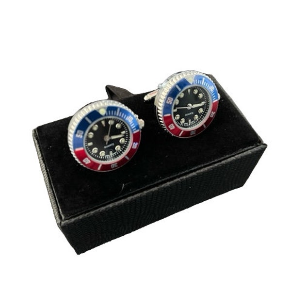 New for 2023  Working watch cufflinks ( Japanese Quartz movement) Black Face with Red/Blue  Bezel
