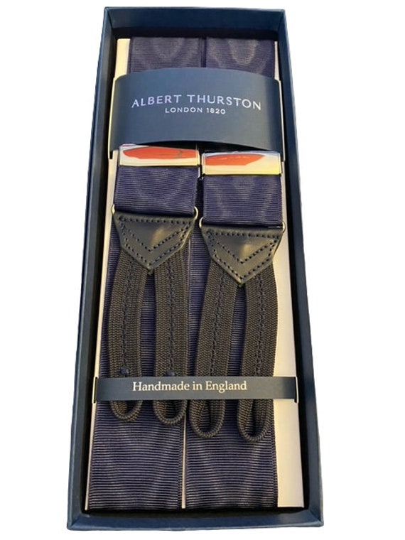 Albert Thurston Navy Blue Moire Braces Navy Braid Ends and Tabs Silver  Fittings multifit 