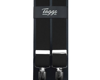 Taggs 35mm Black Elasticated Braces X back with 4 clips Multifit (42-44")  Made In England