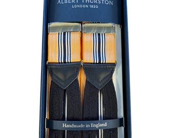 Albert Thurston Exclusive to Taggs Barathea Braces  Navy/White/Orange Stripe Navy Braid Ends