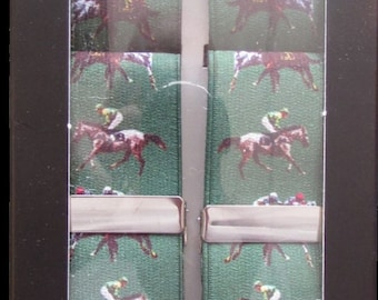 NEW! Horse Racing Green Background 35mm Elasticated Clip End Braces