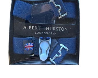 Albert Thurston 25mm Navy Elastic Sock Suspenders with Blk Goat Print leather