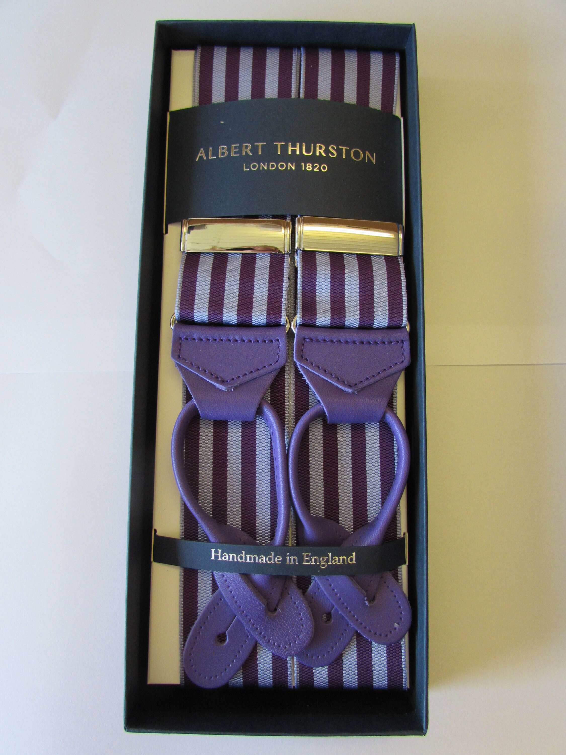 Bretelle Albert Thurston Uomo – Beige Con Striscia Viola E Terminali In Pelle – Fatte In UK