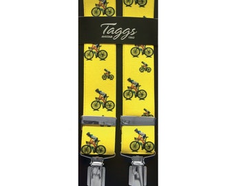 Taggs Exclusive Yellow Cyclist 35mm Digital Print Elasticated Mens Braces  (Made In England)