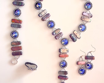 Blue Lagoon Freshwater Pearl Jewelry Set with Bezeled Stones