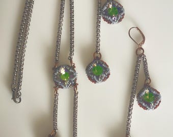 Handcrafted Beaded Drop Earrings and Necklace Set – Green Crystal Jewelry