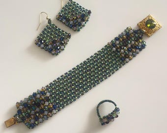 Handcrafted Swarovski Bicone Jewelry Set: Bracelet, Ring, Earrings – Fishing Net Design