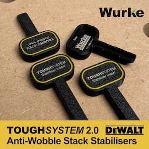 May include: Three black plastic stabilizers for DeWalt ToughSystem 2.0 tool boxes. Each stabilizer has a yellow label with the text "TOUGHSYSTEM Stabiliser Insert".