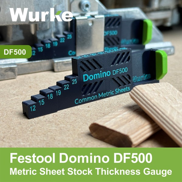 Festool Domino DF500 • Gangbare metrische platen • Diktemeter voor hekhoogte (12 mm, 15 mm, 18 mm, 19 mm, 22 mm, 25 mm, 40 mm) Plaatformaten VK/EU