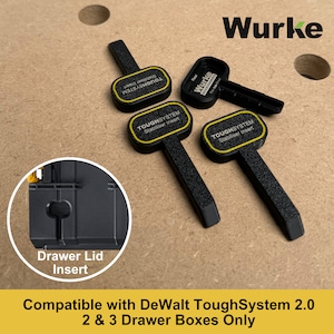 May include: Black plastic drawer lid inserts compatible with DeWalt ToughSystem 2.0 2 & 3 drawer boxes. The inserts feature the text "TOUGHSYSTEM Stabiliser Insert" printed in white on a yellow background.