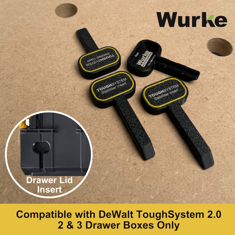 May include: Black plastic drawer lid inserts compatible with DeWalt ToughSystem 2.0 2 & 3 drawer boxes. The inserts feature the text "TOUGHSYSTEM Stabiliser Insert" printed in white on a yellow background.