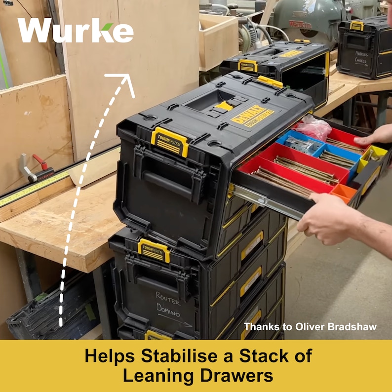 May include: A stack of black and yellow toolboxes with drawers. The top toolbox has a drawer open, revealing a variety of screws and other small hardware. The text "ROUTER" and "DOMINO" is written on the side of the toolbox.