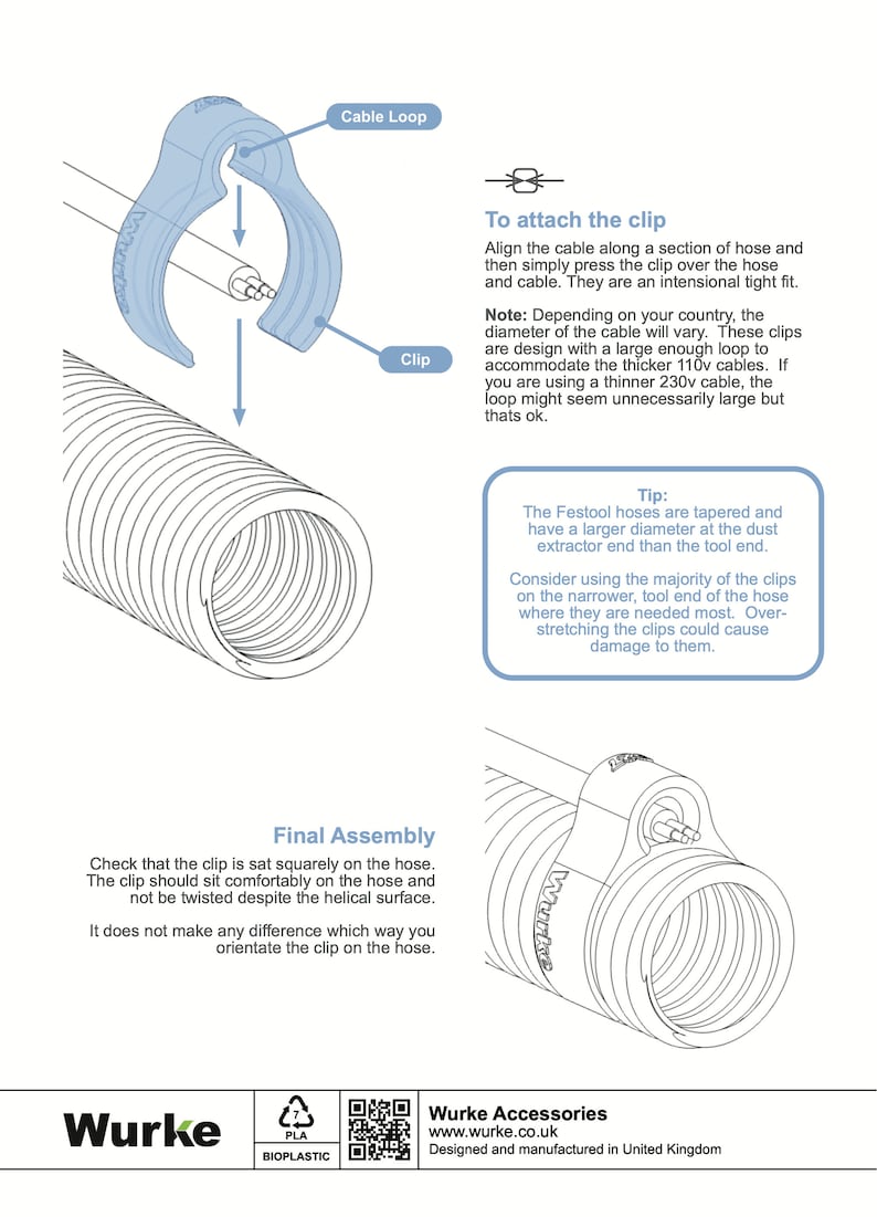 Puede incluir: Un diagrama que muestra c&oacute;mo sujetar una abrazadera de cable a una manguera. La abrazadera est&aacute; dise&ntilde;ada para ajustarse perfectamente alrededor de la manguera y el cable. El texto en la imagen dice "Cable Loop", "To attach the clip", "Clip", "Tip" y "Final Assembly".