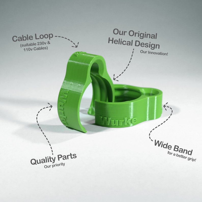 Puede incluir: Bucle de cable de pl&aacute;stico verde con un dise&ntilde;o helicoidal. El bucle est&aacute; etiquetado como "Wurke" y tiene una banda ancha para un mejor agarre. El texto "Our Original Helical Design" y "Our Innovation!" est&aacute; escrito encima del bucle. El texto "Cable Loop (suitable 230v & 110v Cables)" est&aacute; escrito encima del bucle. El texto "Quality Parts Our priority" est&aacute; escrito debajo del bucle. El texto "Wide Band for a better grip!" est&aacute; escrito debajo del bucle.