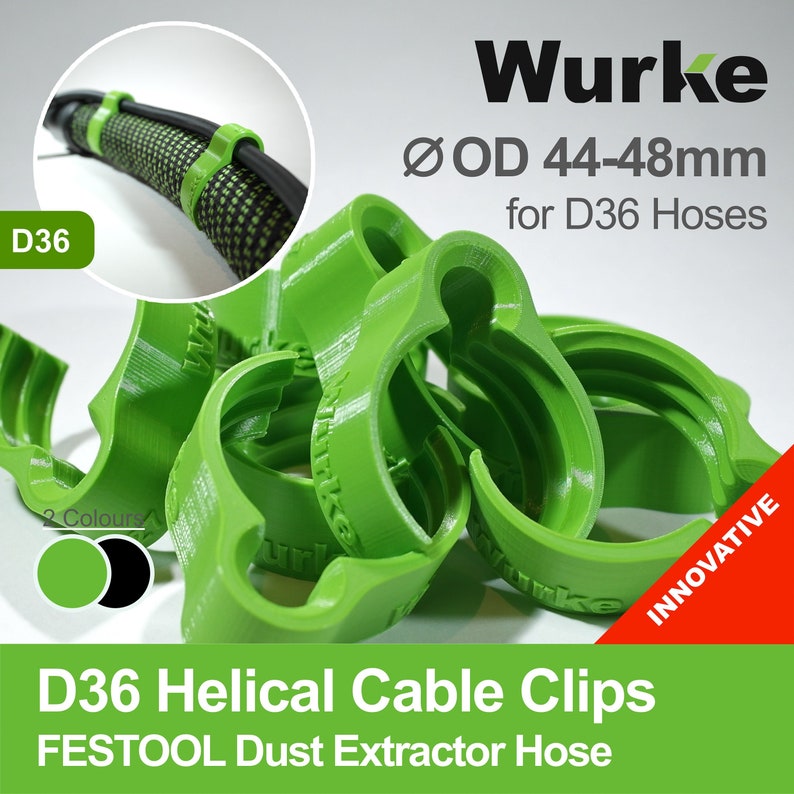 Puede incluir: Clips de cable helicoidales verdes para mangueras de aspirador de polvo Festool D36. Los clips est&aacute;n dise&ntilde;ados para mangueras con un di&aacute;metro exterior de 44-48 mm. El texto "Wurke" e "INNOVATIVE" es visible en los clips.