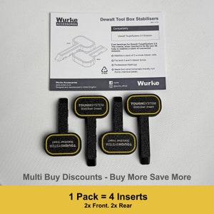 May include: Four black and yellow tool box stabilizers with the text "TOUGHSYSTEM Stabiliser Insert". The stabilizers are designed for Dewalt ToughSystem 2.0 drawers. The text "Multi Buy Discounts - Buy More Save More" and "1 Pack = 4 Inserts 2x Front. 2x Rear" is also visible.