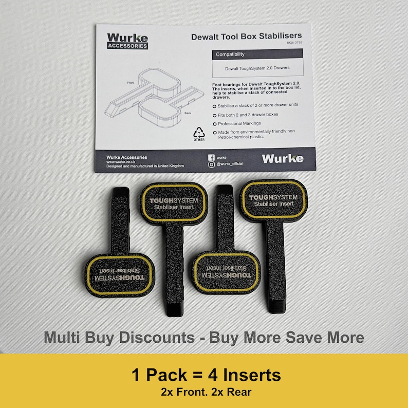 May include: Four black and yellow tool box stabilizers with the text "TOUGHSYSTEM Stabiliser Insert". The stabilizers are designed for Dewalt ToughSystem 2.0 drawers. The text "Multi Buy Discounts - Buy More Save More" and "1 Pack = 4 Inserts 2x Front. 2x Rear" is also visible.