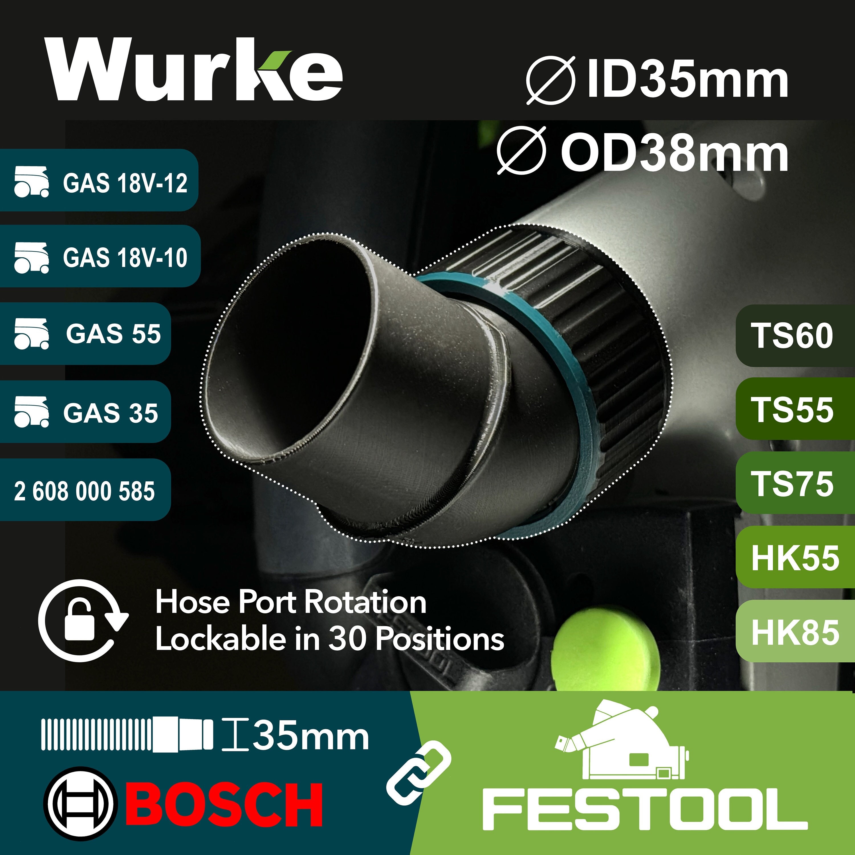 Bosch -> Festool • No Snag Hose Port Adapter • TS55 TS60 TS75 HK55