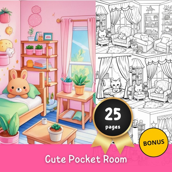 Pocket Room Cute Coloring Book, Kawaii, coloring pages. Instant Printables PDF, Cozy Living room.