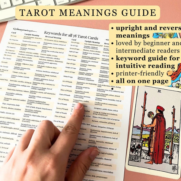 Tarot Deck Cheat Sheet, upright and reversed meanings for 78 cards printable meaning poster Rider Waite digital file reference guide 1 page